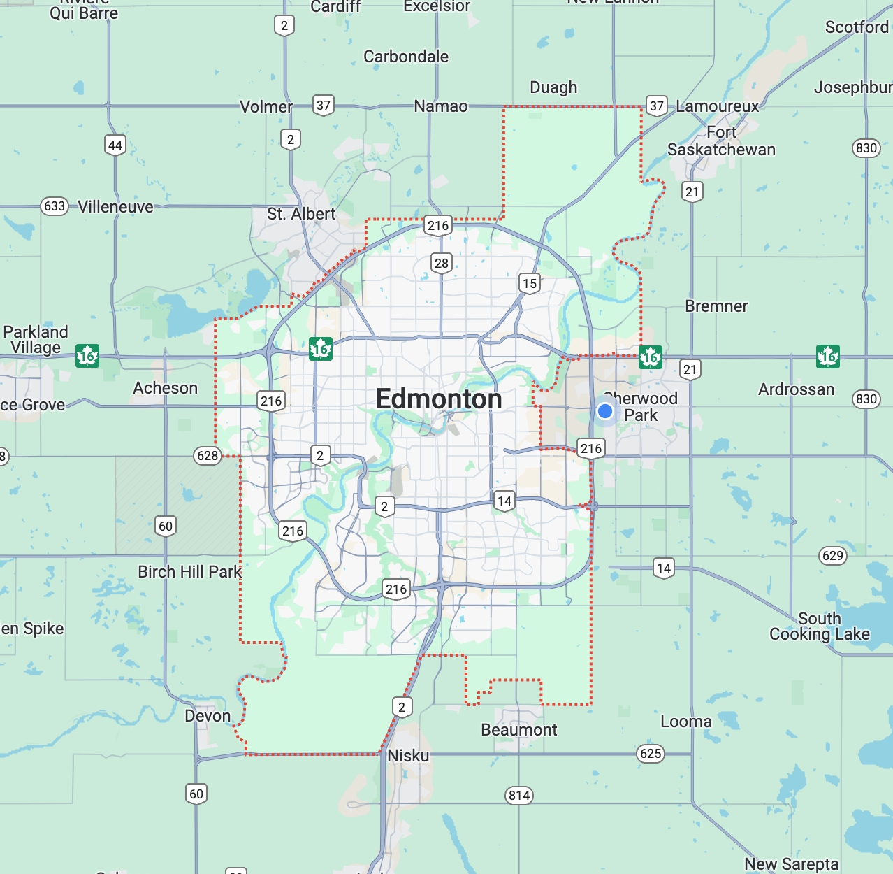 Map showing Kingstree Plumbing's service areas, highlighting regions for plumbing services around Edmonton.
