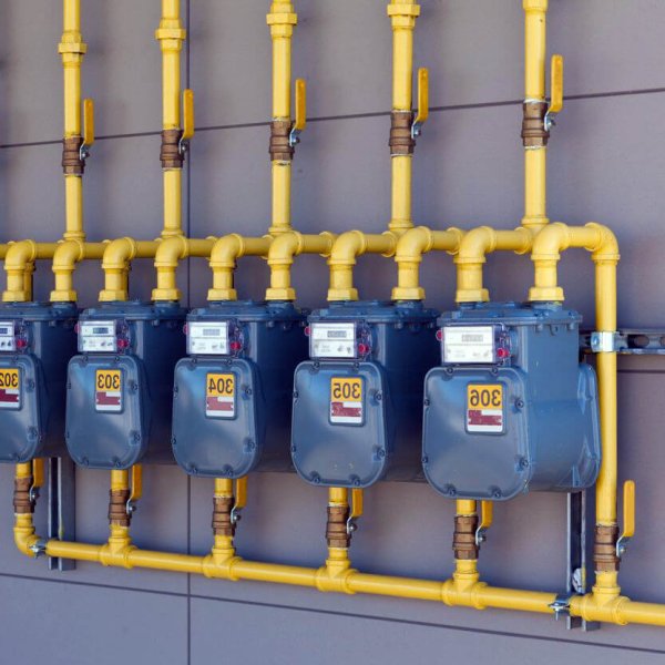 Row of gas meters installed for a commercial property in Calgary as part of our gasline installation service.