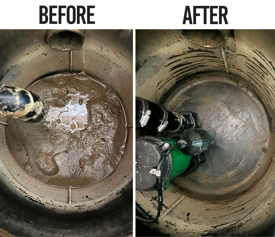 Before and after views of a sump pit cleaning and pump replacement in Calgary, showing dramatic improvement.