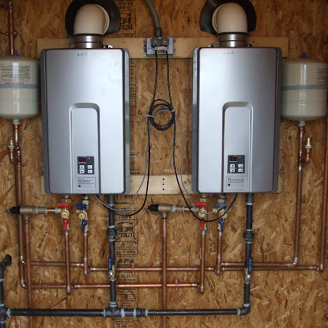 Dual tankless water heaters recently maintained by our Canmore-based team.
