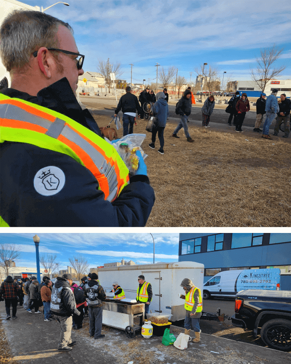 Darren of Kingstree Plumbing volunteering at a food drive in Edmonton, demonstrating his commitment to local community support.