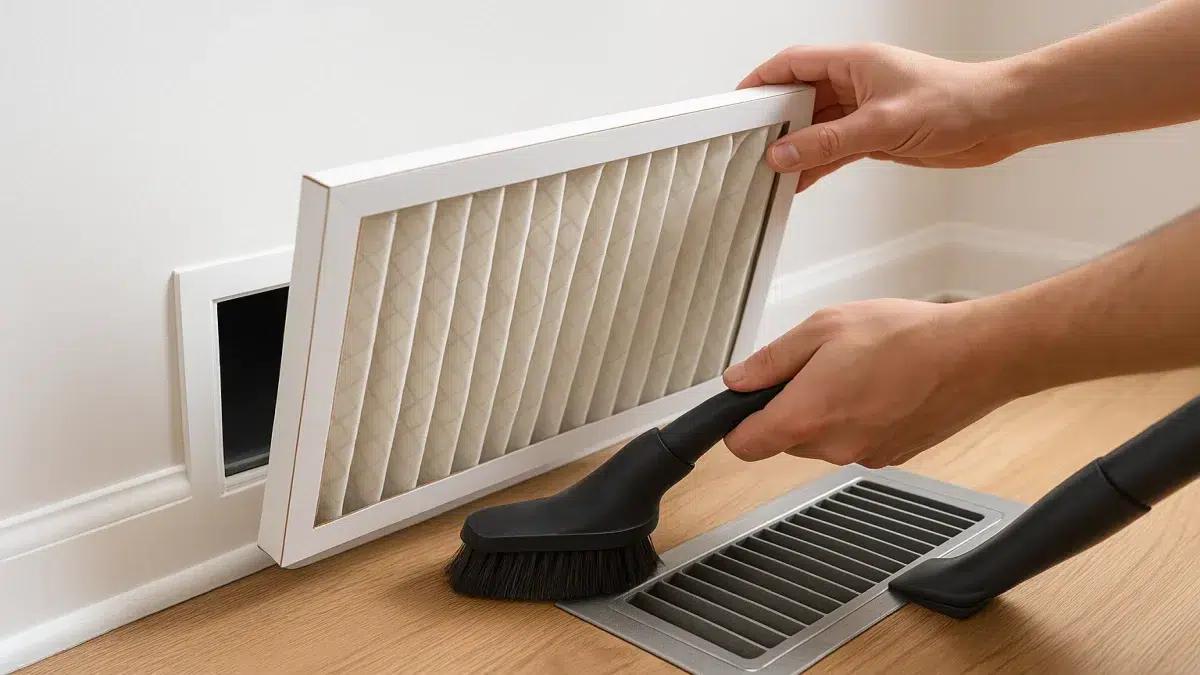 Close-up of AC service and repair in Sherwood Park filter swap during AC Troubleshooting.