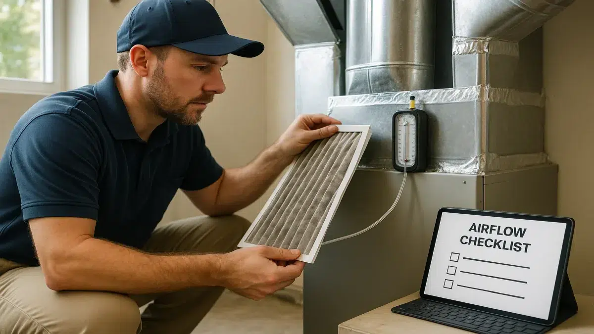 Technician performing AC service and repair in Sherwood Park filter change for AC Troubleshooting.