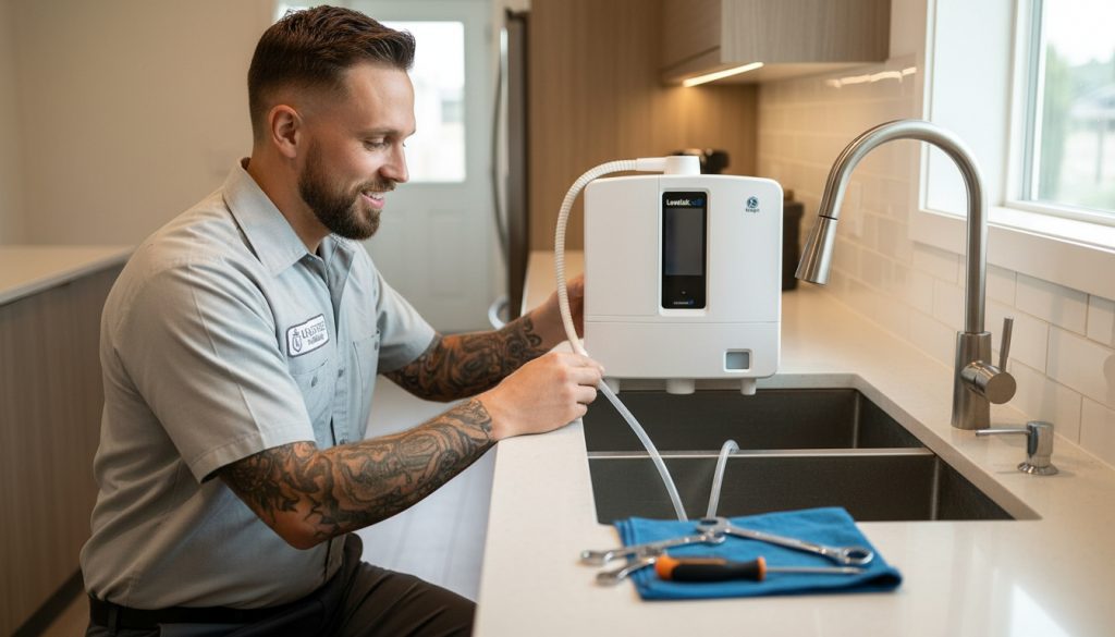 kangen-water-machine-installation-edmonton-kitchen-sink-leveluk-k8 Kingstree Plumbing technician installing a Leveluk K8 Kangen water machine at a kitchen sink in Alberta, with tools laid out on the counter.