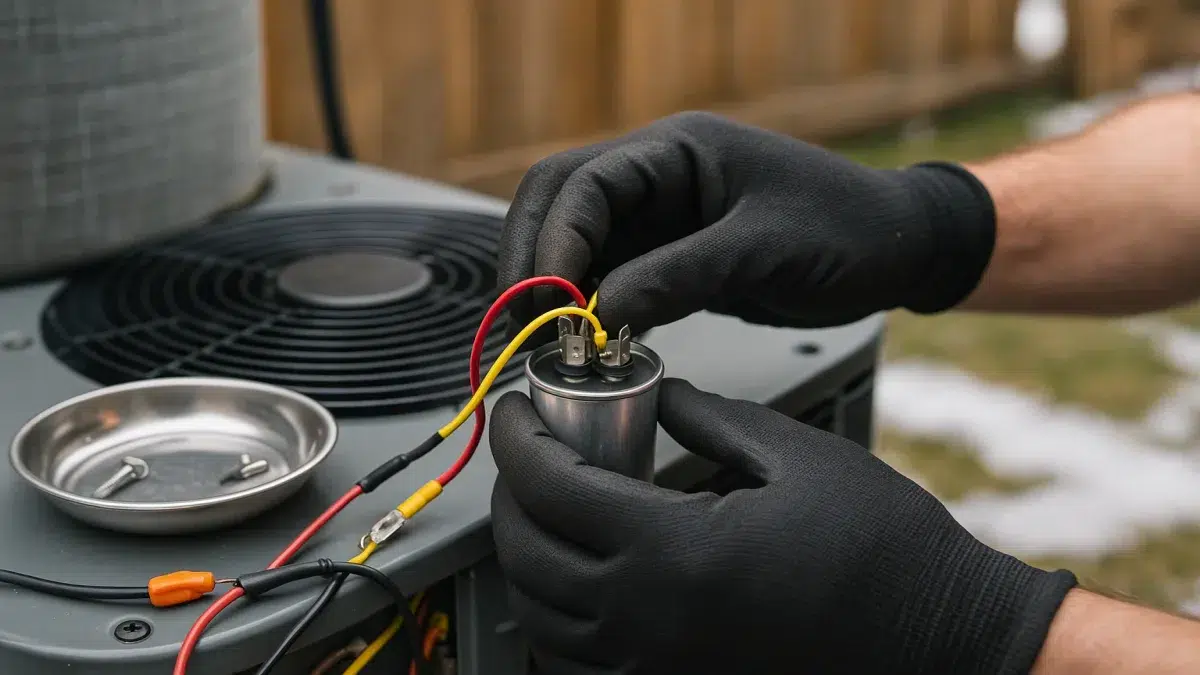 AC service and repair close-up in Sherwood Park of capacitor replacement during AC Repair.