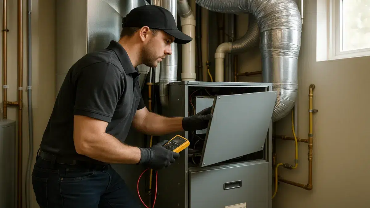 AC service and repair in Sherwood Park showing technician inspecting air handler for AC Repair.