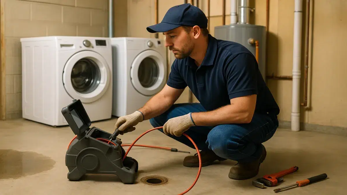 Backflow Preventer Valve Services in Sherwood Park diagnosing indoor Sewer Issues and Services in a basement utility room.