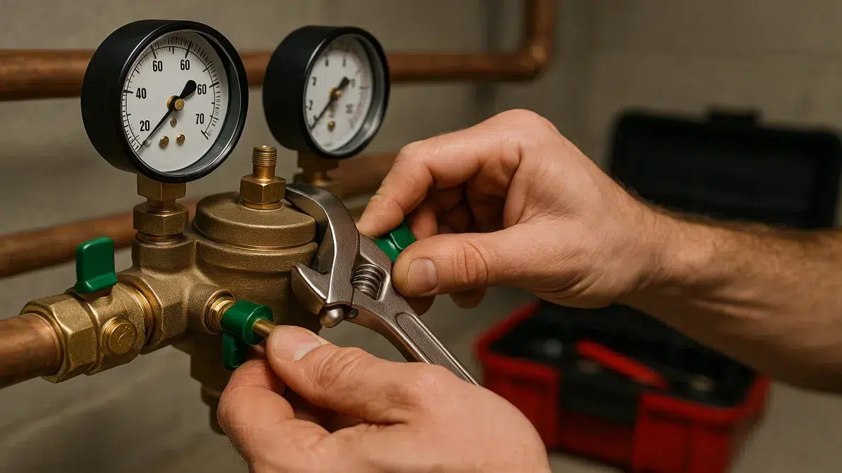 Close-up Backflow Preventer Valve Services by Sherwood Park Plumbing Companies on brass valve in Sherwood Park.