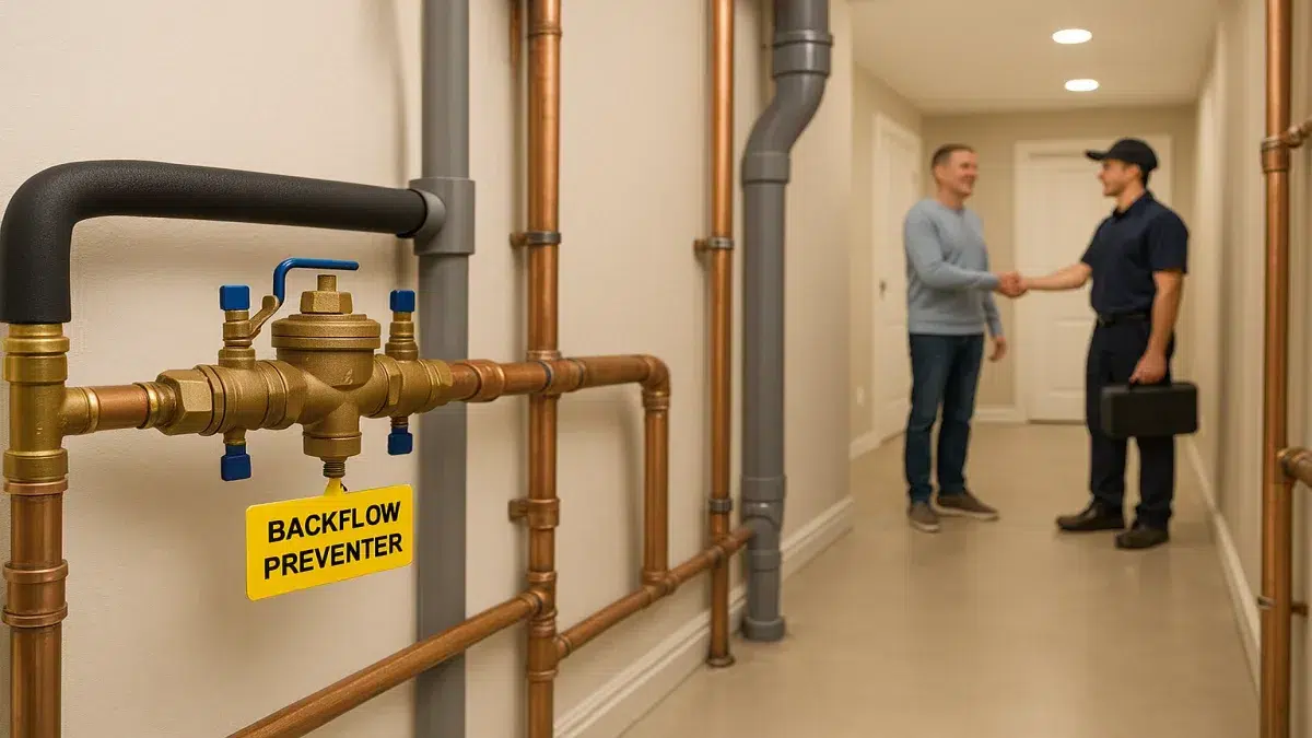 Backflow Preventer Valve Services in Sherwood Park preventing future Sewer Issues and Services with a clean mechanical room.
