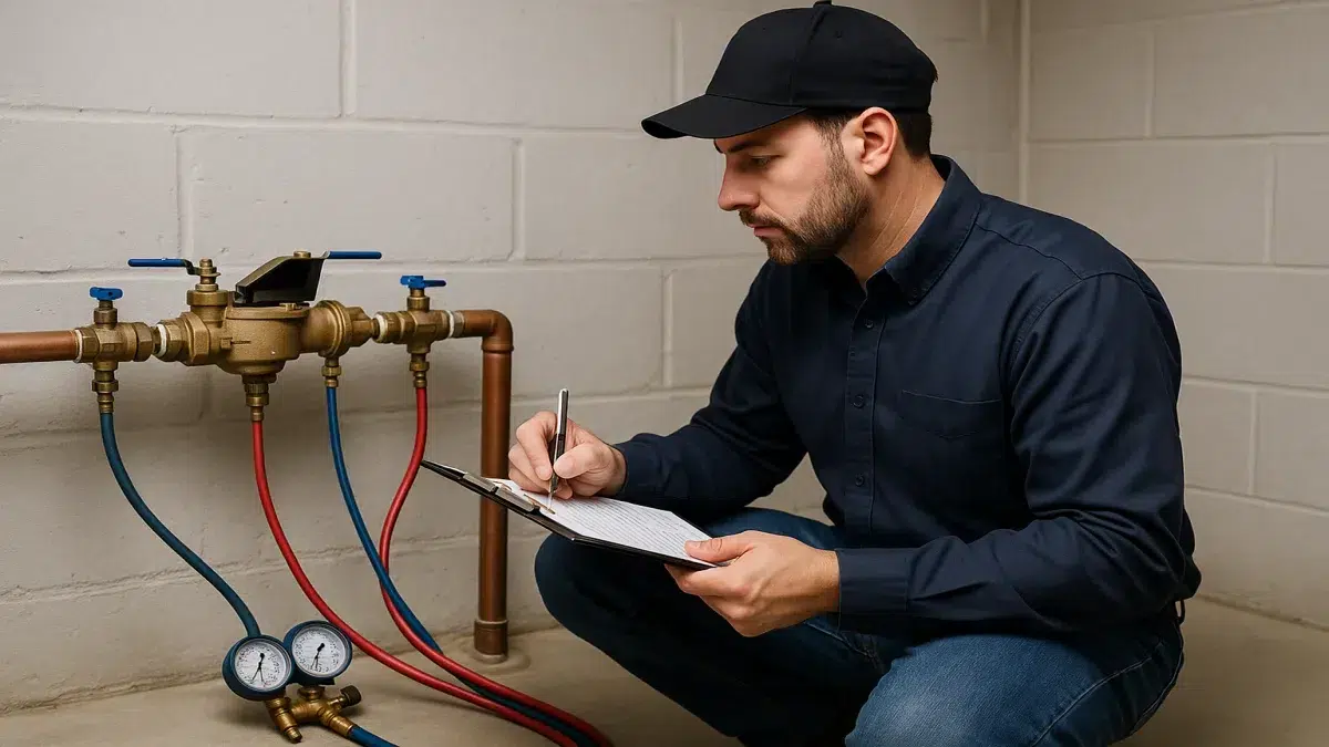 Technician performing Backflow Preventer Valve Services in Sherwood Park as part of expert Plumbing Services.