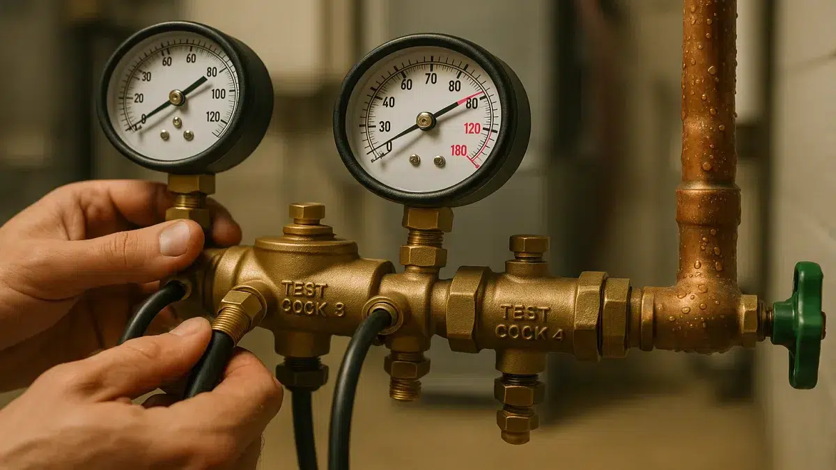 Close-up pressure test for Backflow Preventer Valve Services in Sherwood Park professional Plumbing Services.