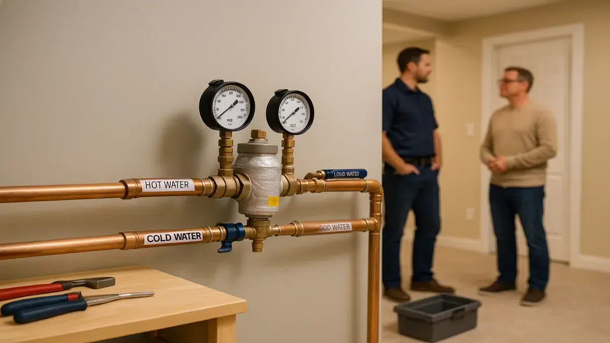 Finished Backflow Preventer Valve Services by Sherwood Park Plumbing Companies in a clean Sherwood Park mechanical room.