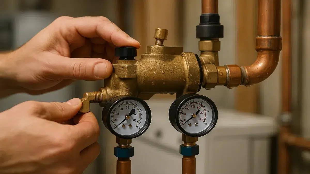 Backflow Preventer Valve Services in Sherwood Park testing valves to solve Sewer Issues and Services with pressure gauges.