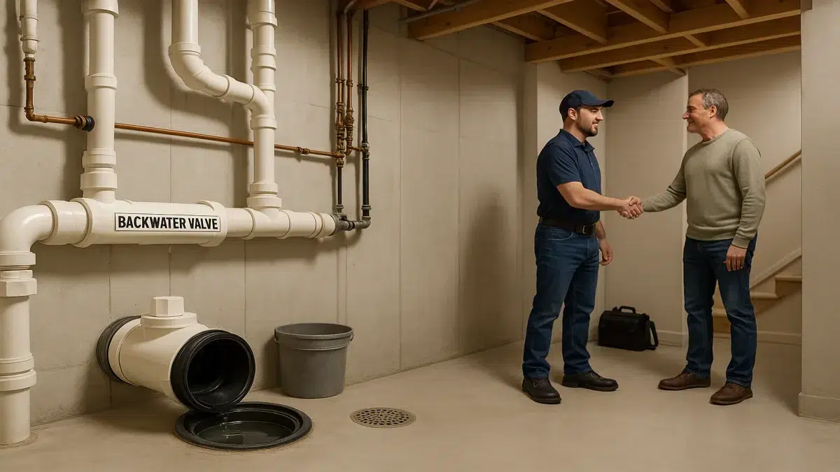 Finished Backwater Valve Maintenance, Service & Repair in Sherwood Park mechanical room after Sewer Services visit.