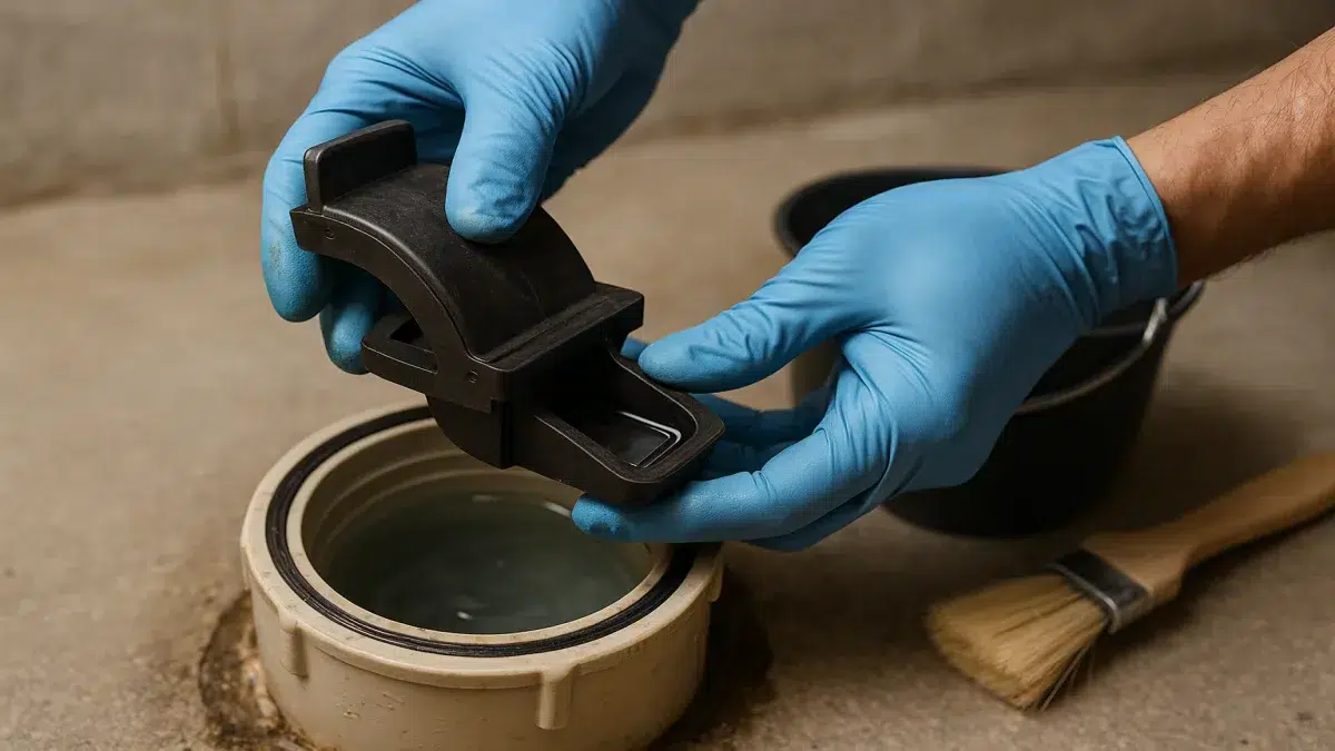 Close-up Backwater Valve Maintenance, Service & Repair in Sherwood Park with Sewer Services cleaning of valve parts.