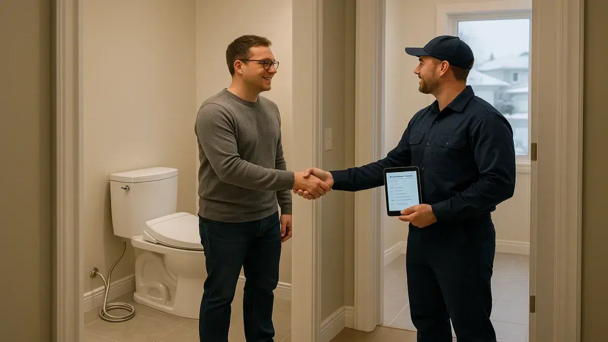 Happy homeowner in Sherwood Park after Bidet & Washlet Toilet Seat Installation and successful Washlet Installation service.