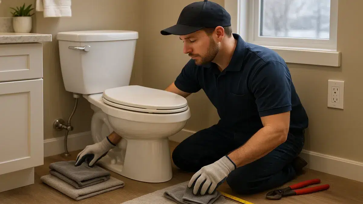 Plumber in Sherwood Park preparing for Bidet & Washlet Toilet Seat Installation and Washlet Installation near toilet.
