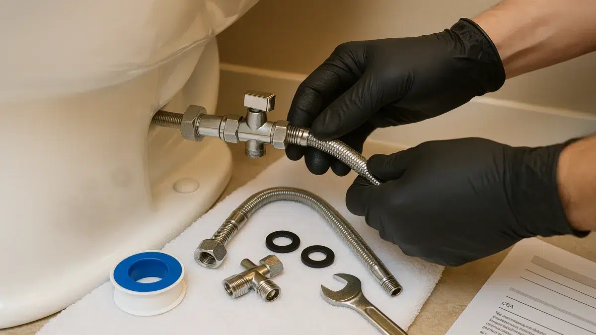 Close-up of Washlet Installation water connections for Bidet & Washlet Toilet Seat Installation in a Sherwood Park bathroom.