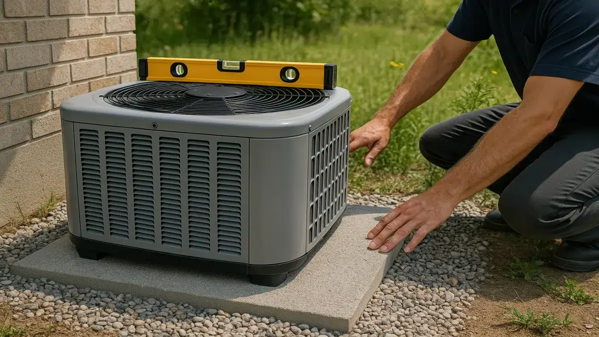Preparing outdoor pad during AC service and repair in Sherwood Park for proper AC Installation.