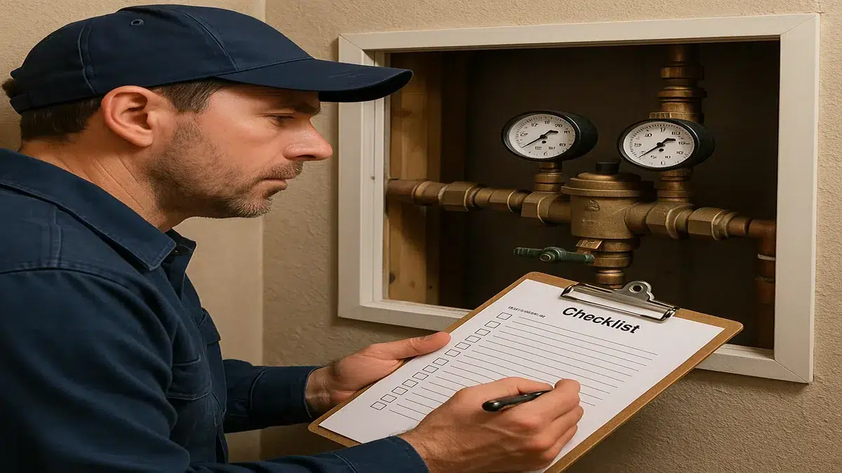 Technician inspection of Backflow Preventer Valve Services in Sherwood Park for Residential Plumbing Needs