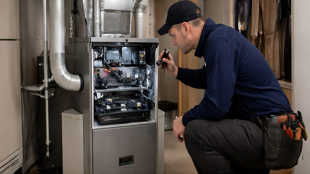 Furnace Inspections in Sherwood Park showing Furnace Maintenance with a technician inspecting furnace components