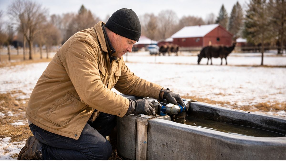 Technician performing Livestock Water System Services in Sherwood Park for Livestock Water System Repair on frosted trough