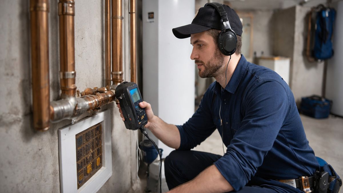 Pipe Leak Detection & Repair in Sherwood Park performed by Licensed Plumbers inspecting bathroom plumbing access panel