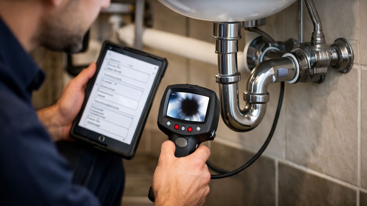 Plumbing Inspection in Sherwood Park showing Plumbing Inspections with camera tools checking bathroom drain pipes