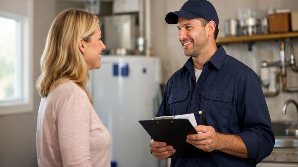 Plumbing Inspection in Sherwood Park concluding Plumbing Inspections with a professional explaining findings to a homeowner