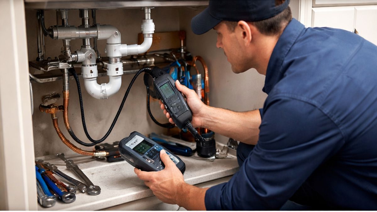 Plumbing Inspection in Sherwood Park using leak detection tools during detailed Plumbing Inspection