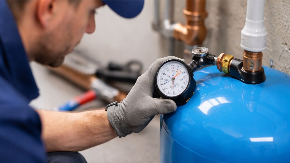 Pressure Tank Installation & Replacement in Sherwood Park showing Pressure Tank Troubleshooting with an air pressure gauge checking the tank bladder.