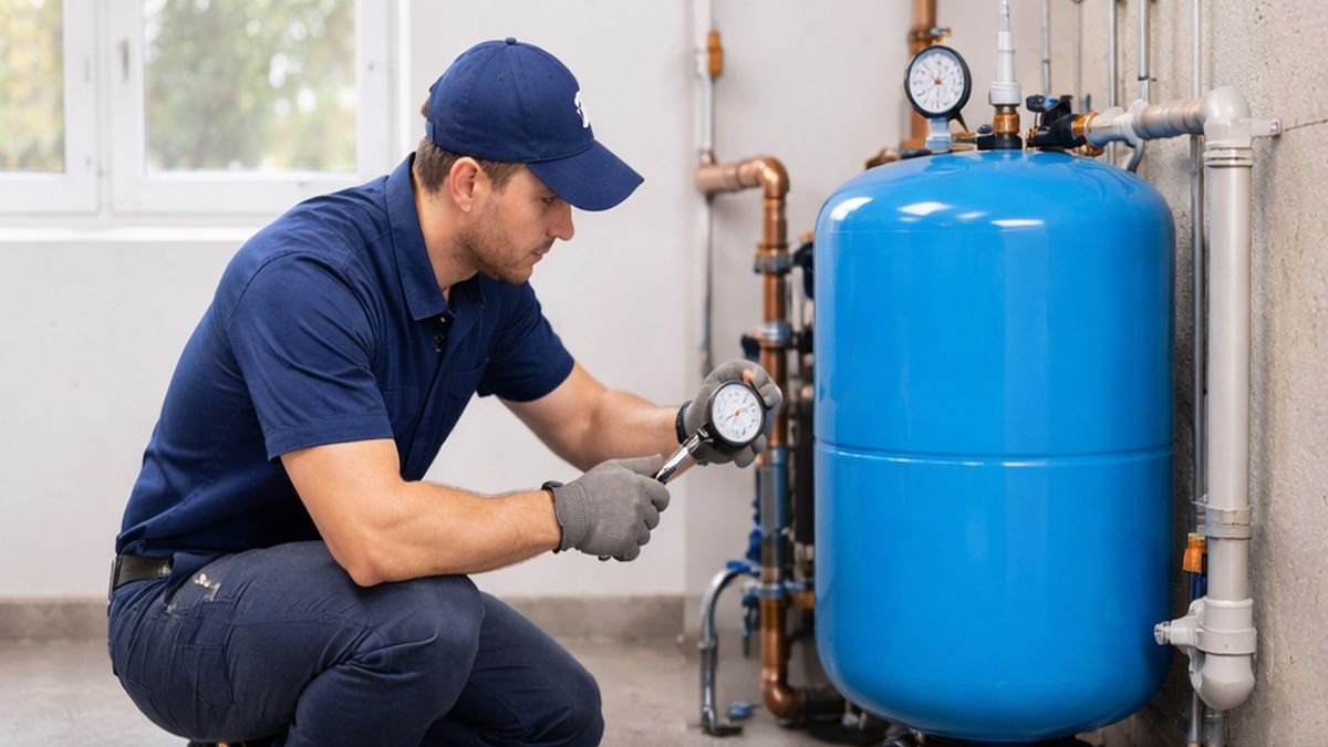 Pressure Tank Installation & Replacement in Sherwood Park showing Pressure Tank Troubleshooting with a plumber checking a pressure switch and tank gauge.