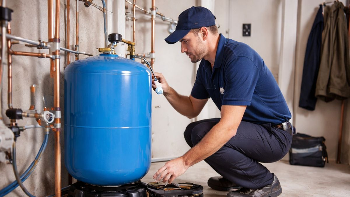 Pressure Tank Repair & Service in Sherwood Park by Pressure Tank Specialists checking tank pressure gauge and air valve.