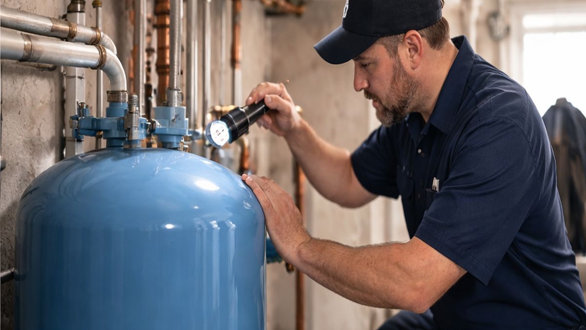 Pressure Tank Repair & Service in Sherwood Park technician checking pressure switch during Water System Upgrades evaluation
