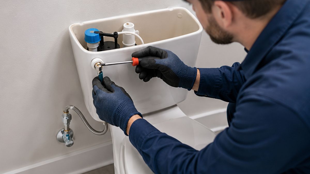 Toilet Repair in Sherwood Park by Licensed Plumbers adjusting a fill valve