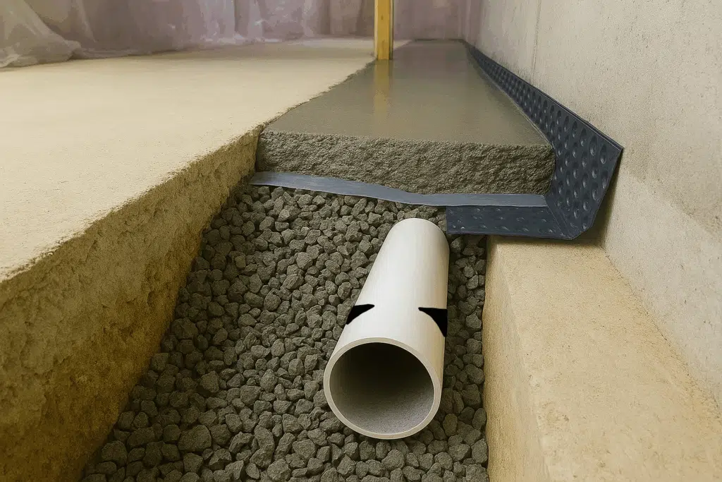 Interior basement French drain pipe installed in gravel beside the foundation wall to collect and redirect groundwater.