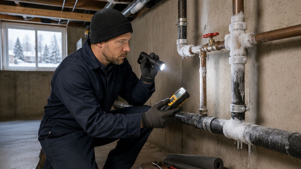 24 Hour Plumber inspecting frozen pipes in Edmonton for reliable 24 Hour Plumbing Service.