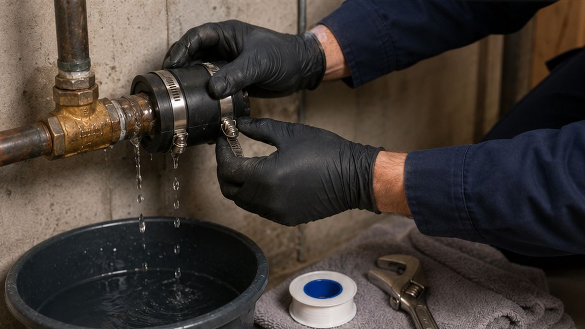 24 Hour Plumber in Edmonton applying a repair clamp during emergency Plumbing Tips