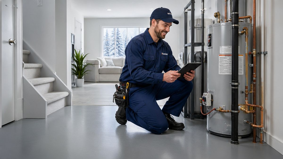 24 Hour Plumber in Edmonton completing Emergency Plumbing Repair in a clean basement