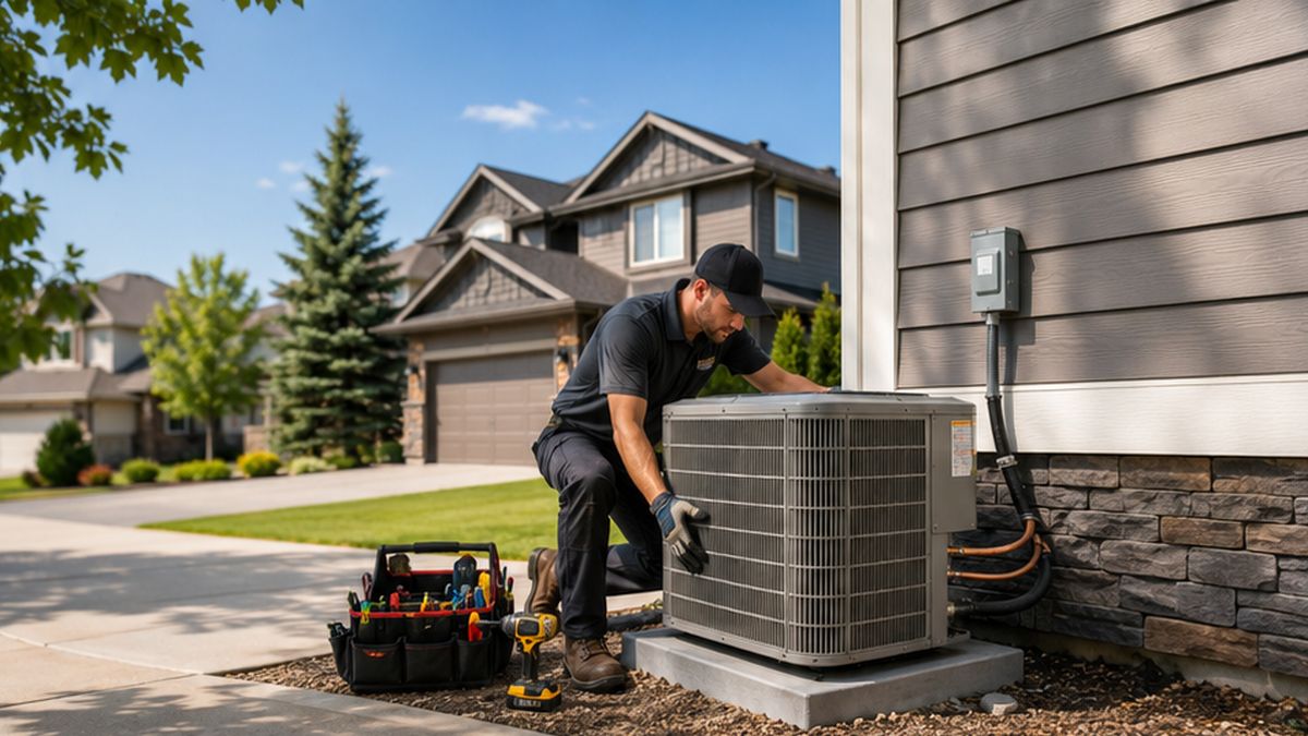 Technician inspecting AC installation and replacement in Edmonton for qualified HVAC Contractors