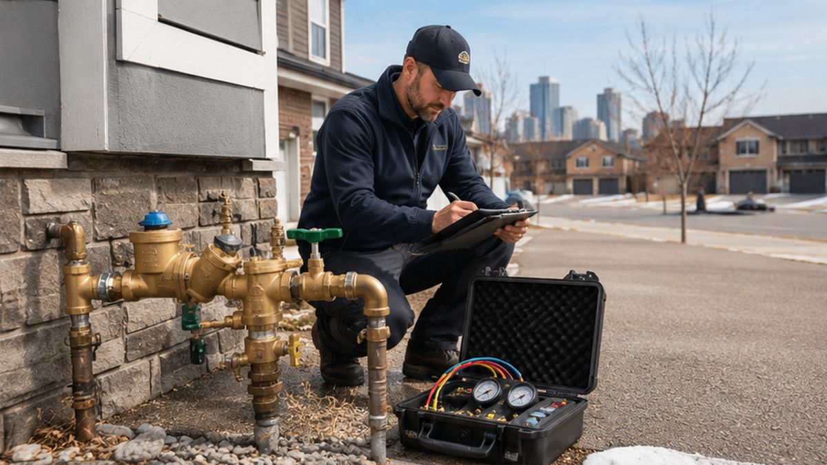 Professional Plumbers inspecting Backflow Preventer Valve Services equipment in Edmonton