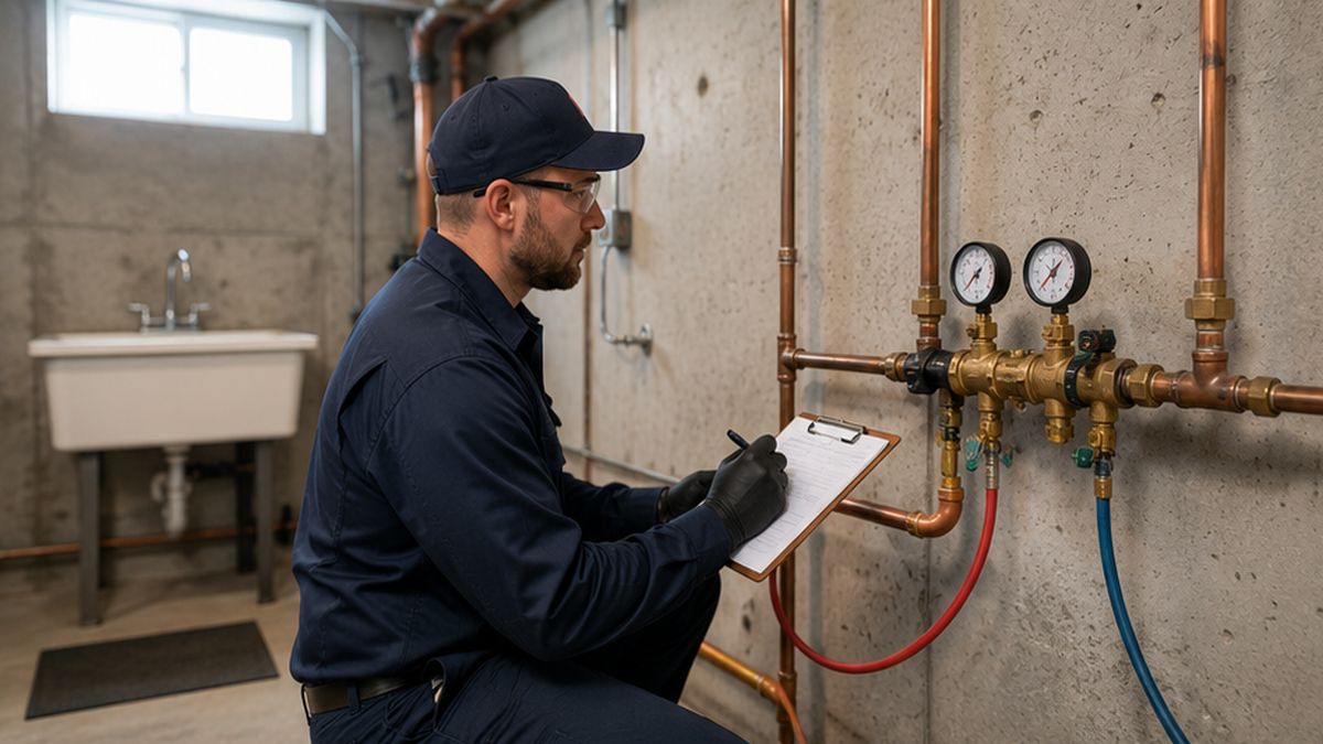 Backflow Preventer Valve Services in Edmonton by Plumbing Companies checking a basement valve.