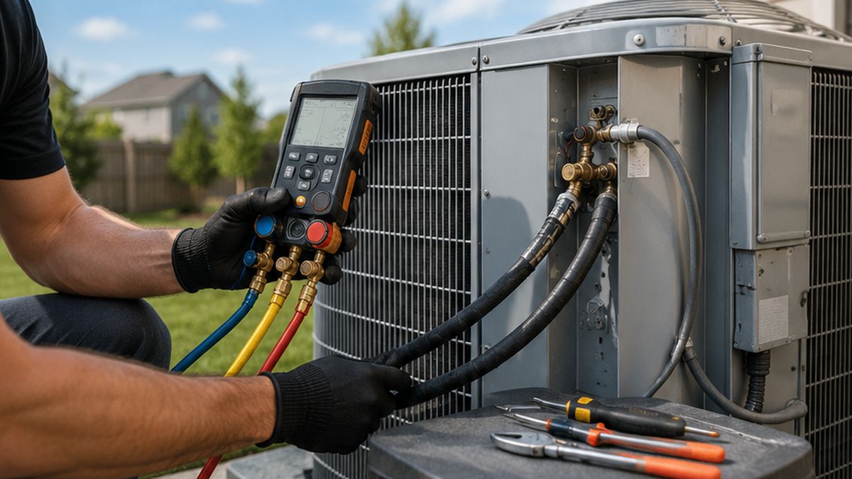 AC service and repair in Edmonton by HVAC Contractors checking condenser pressure and coils.