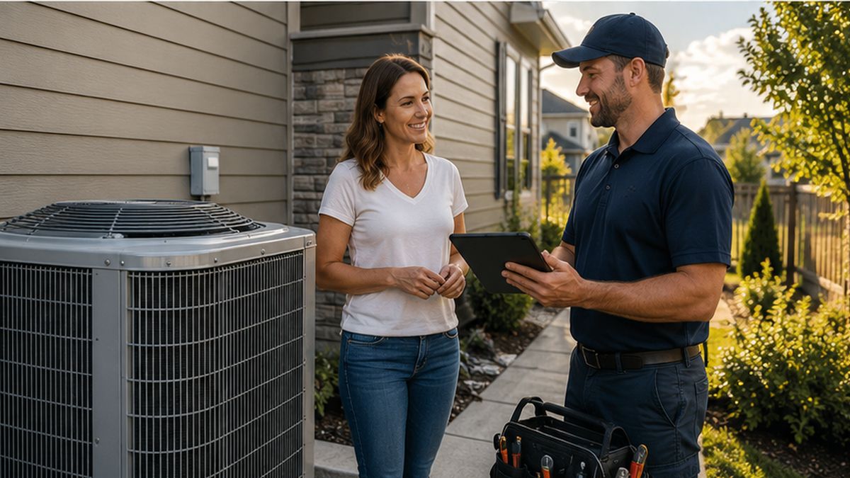 HVAC Contractors completing AC service and repair for a satisfied homeowner in Edmonton.