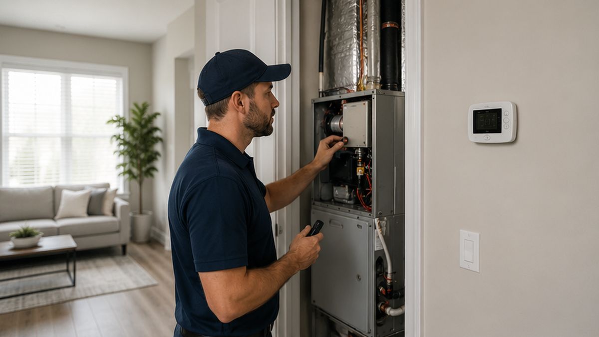 HVAC Contractors performing AC service and repair during an indoor system inspection in Edmonton.
