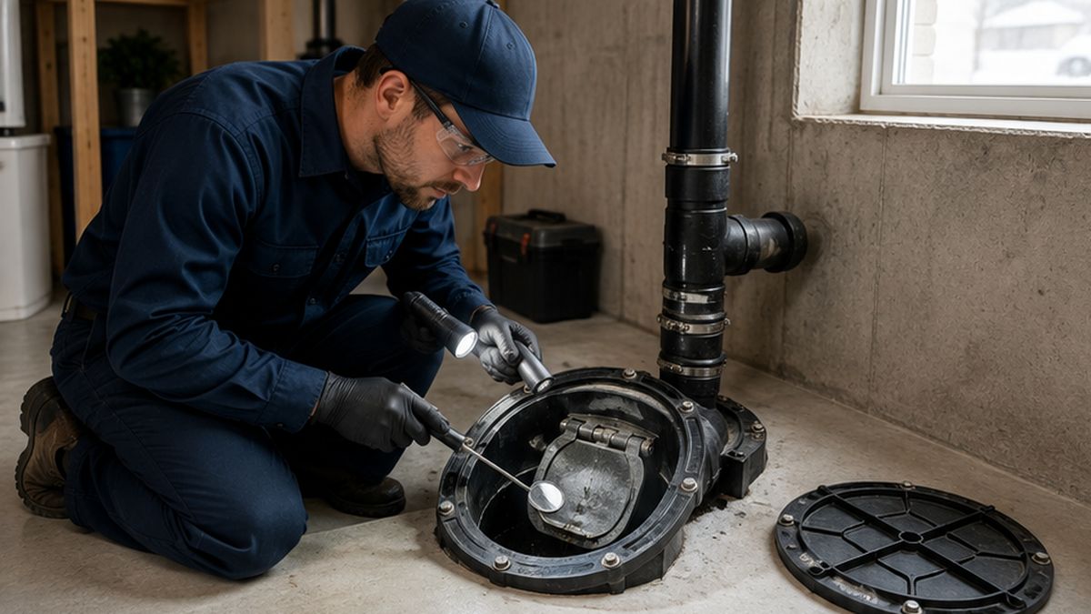 Technician completing Backwater Valve Maintenance, Service & Repair in Edmonton for Plumbing Services.