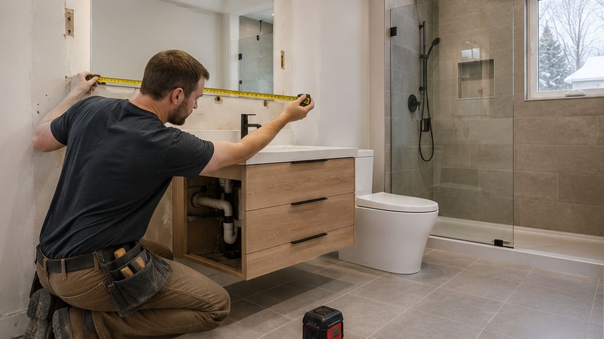 Bathroom Renovation & Remodel Services in Edmonton installing fixtures for a Bathroom Renovation.