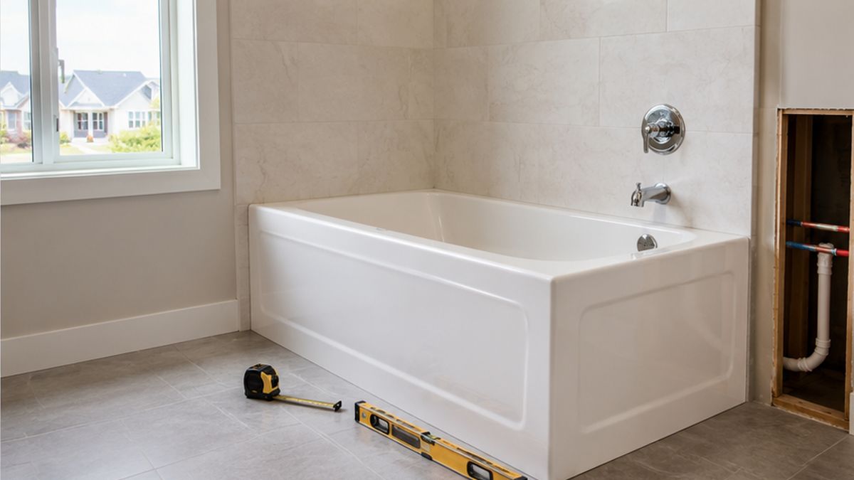 Bathtub Installation & Replacement in Edmonton with a plumber leveling an alcove tub for Bathtub Installation