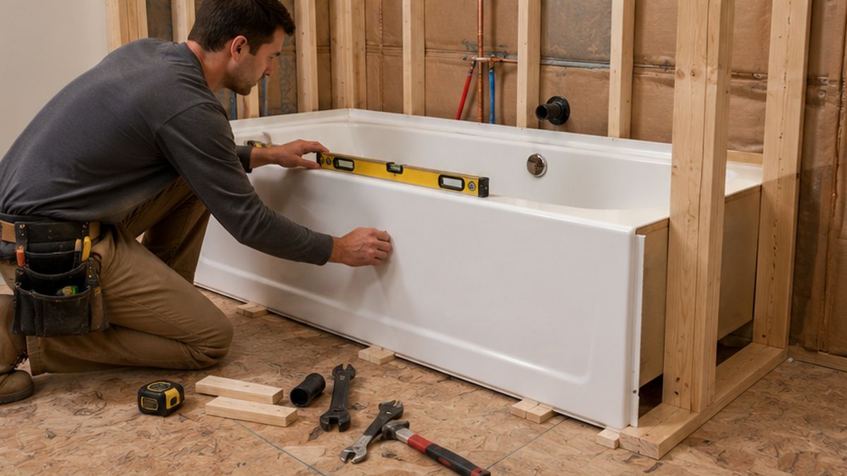Bathtub Installation & Replacement in Edmonton showing drain inspection during Bathtub Installation